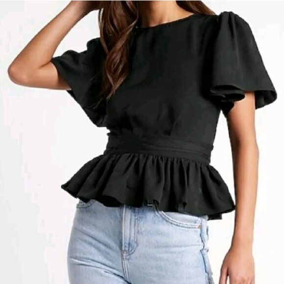 Express Black Peplum Blouse with Flutter Sleeves - Picture 1 of 4